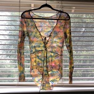 BOODWAH⭐️Mesh tie dye bodysuit ruffle trim